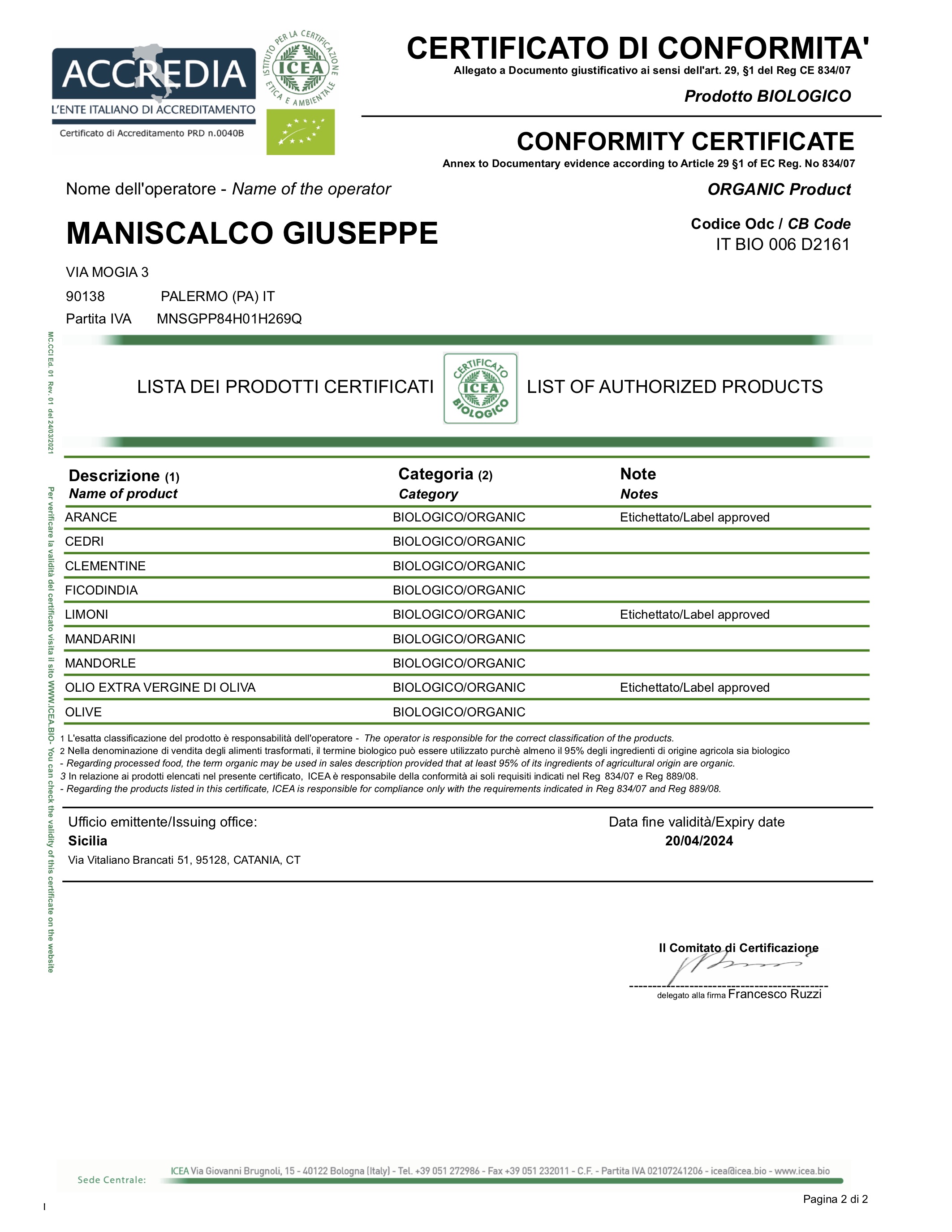 Certificazione Biologica Azienda Agricola Maniscalco Giuseppe | Arance Bio Sicilia